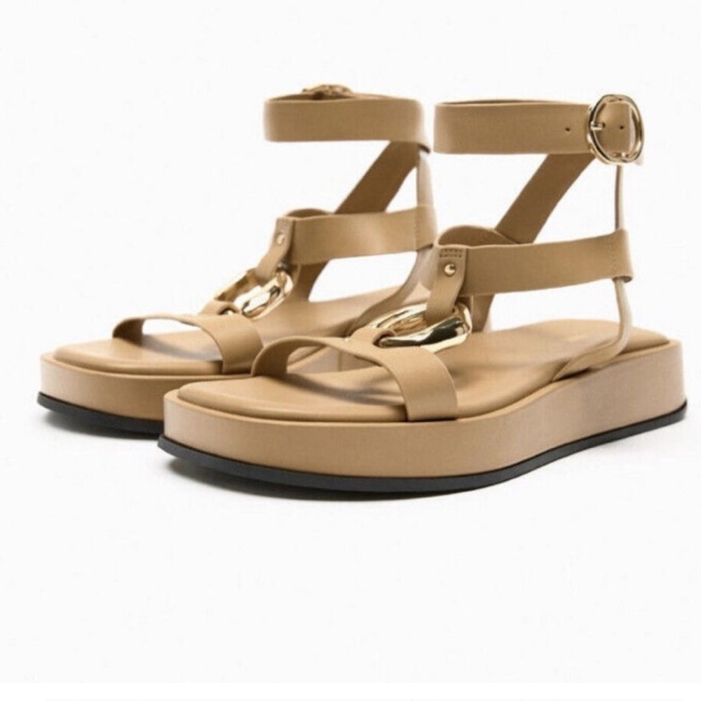 Zara Leather Embellished Flatform Sandals NWT